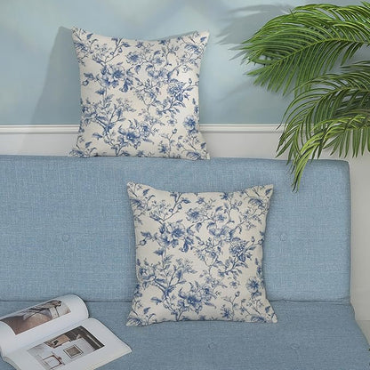 Blue Pillow Covers 20x20 Set of 2 Blue and Cream Floral Chinoiserie Throw Pillows Vintage Rustic Toile Flower Decorative Pillow Cases Outdoor Chinoiserie Decor Cushion Case for Couch Bed Sofa