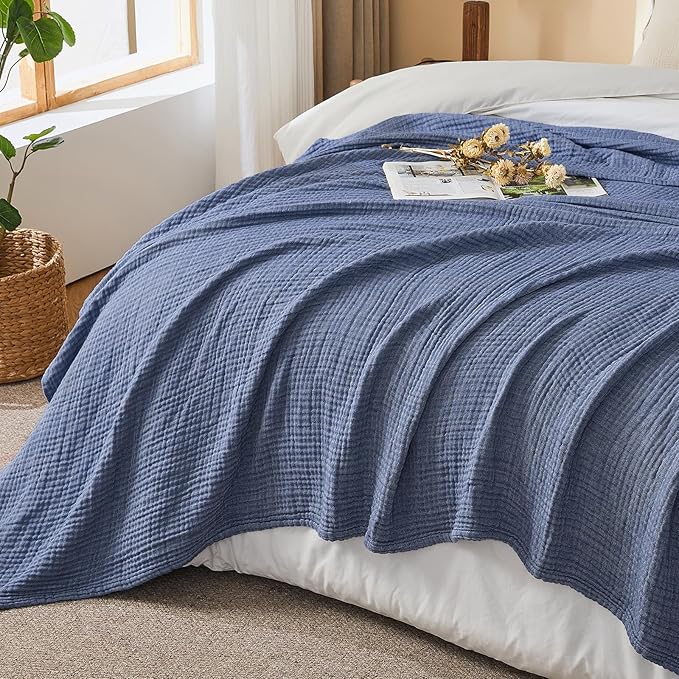 EMME Cotton Muslin Twin XL Blanket Breathable Gauze Soft Lightweight Adults Gifts for Women (Heather Navy, 66"x90")