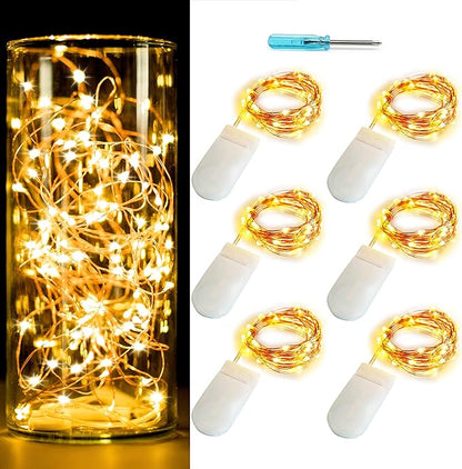 6-Pack 7Ft Starry String Lights No Remote Fairy String Lights 20 Micro Starry LEDs On Copper Wire CR2032 Batteries Included,For Wedding Centerpiece,Party,Christmas Table Decor(Copper Warm White)
