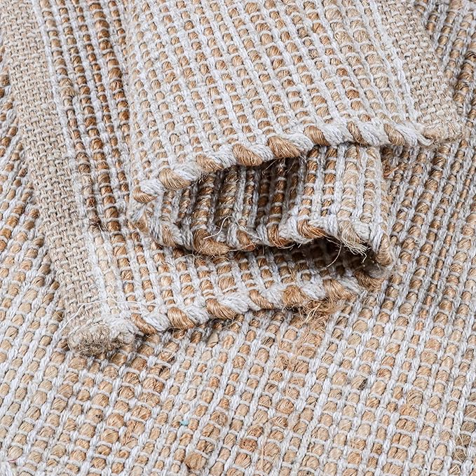 Jute Placemats Set of 4 - Boho Woven Placemats for Dining Tables, Rustic Farmhouse Style, Cotton and Jute, Neutral Colorful Table Mat, 13x19 Inch, Indoor Kitchen Decor - Natural-Ivory