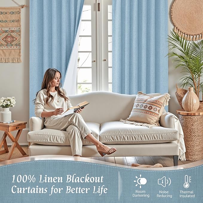 LAMIT Linen 100% Blackout Window Curtains for Bedroom, 45 Inches Linen Textured Thermal Farmhouse Curtains Back Tab and Rod Pocket Window Panels with White Liner, 2 Panels, 38 x 45 Inch, Stone Blue