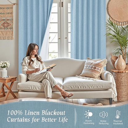 LAMIT Stone Blue 100% Blackout Linen Curtains, 63 Inches Linen Textured Thermal Bedroom Curtains Back Tab and Rod Pocket Neutral Panels with White Liner for Farmhouse, 2 Panels, 38 x 63 Inch