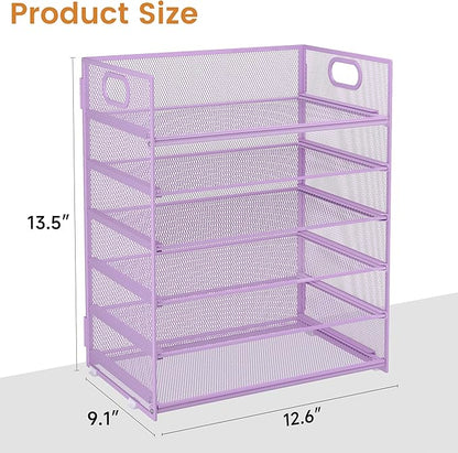 Subekyu 6 Tier Paper File Tray Organizer for Desk, Purple Mesh Desk Letter Paper File Folder Accessories Sorter Organizer with Handle, Stackable Slide Tray for Office, Home or School Supplies Storage