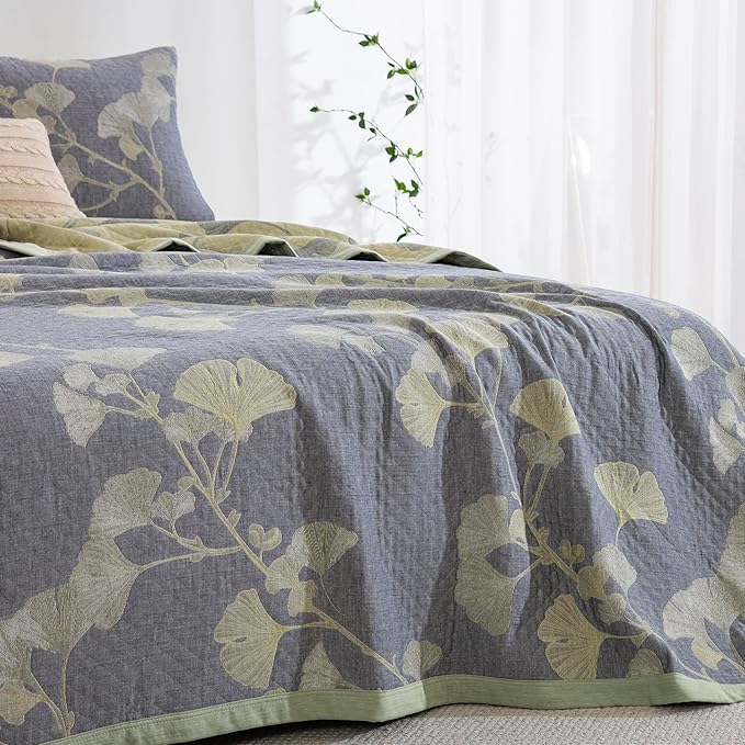 100% Cotton Muslin Jacquard 2 Piece Quilt Set Floral Ginkgo Leaf Print, Soft 3 Layers Gauze Bed Cover Reversible Bedspread Coverlet Breathable Lightweight Bedding Set, Twin