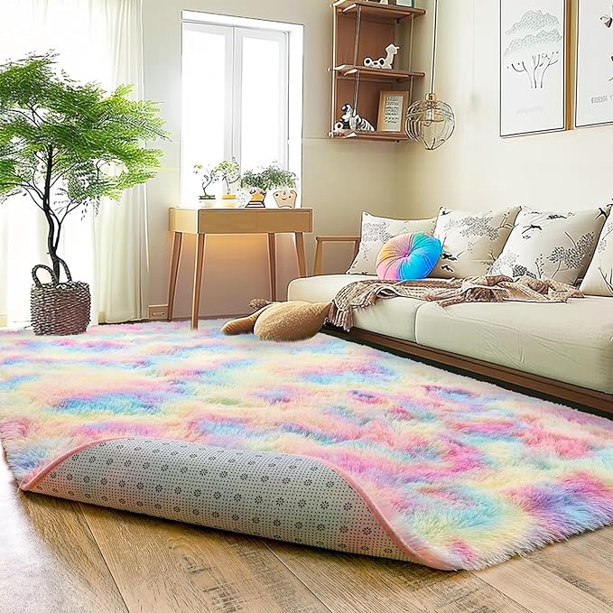 Ultra Fluffy Rug for Living Room Bedroom, 5x7 Fuzzy Large Area Rug for Living Room, Plush Soft Shag Carpet for Girl Boy Kids, Non Slip Rug Modern Indoor Home Decor Aesthetic, Rainbow