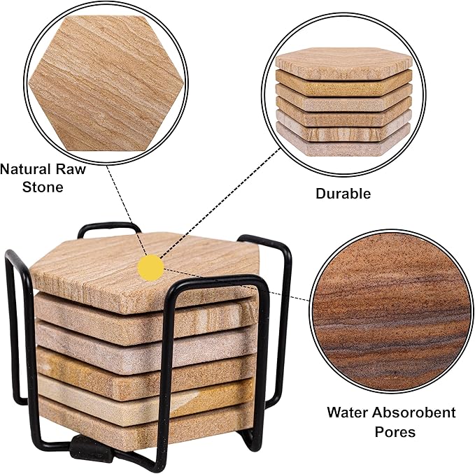 Sandstone Water Absorbent Hand Crafted Hexagon Coasters for Drinks - 4 Inches Wide Thirsty Stone Bar/Drink Coasters- Made from Rainbow Sandstone (Set of 6 Without Holder)