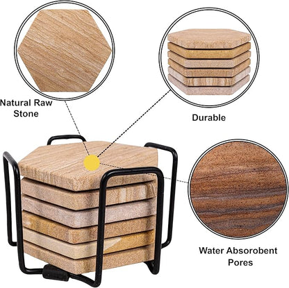 Sandstone Water Absorbent Hand Crafted Hexagon Coasters for Drinks - 4 Inches Wide Thirsty Stone Bar/Drink Coasters- Made from Rainbow Sandstone (Set of 6 with Holder)