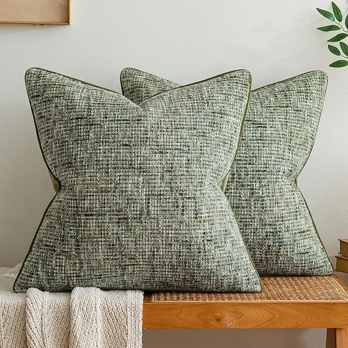 A Moment Christmas Dark Green Reversible Pillow Covers 2 Pack - Farmhouse Chenille Throw Pillows, Neutral Textured Decorative Throw Pillow Covers with Border for Couch Sofa Bed (20x20 Inch, No Insert)