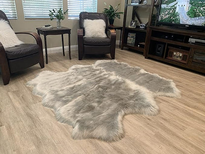 LAMBZY Faux Sheepskin Super Soft Hypoallergenic Silky Shag Rug for Living Room, Kids Room, Sofa (Sexto 6 Pelts 6'x6', Grey)