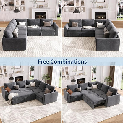 GarveeHome Sectional Sleeper Sofa with Pull Out Bed, Chenille Modular Sectional Sofa U Shaped Couch with Pull Out Couch and Storage Seat & Ottoman, Convertible Couches for Living Room