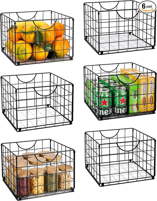 Metal Wire Basket Organizer Foldable Set of 6, Food Storage Mesh Bin with PVC Sheet, Freezer Organizer Bins for Pantry Closet Bathroom-Black