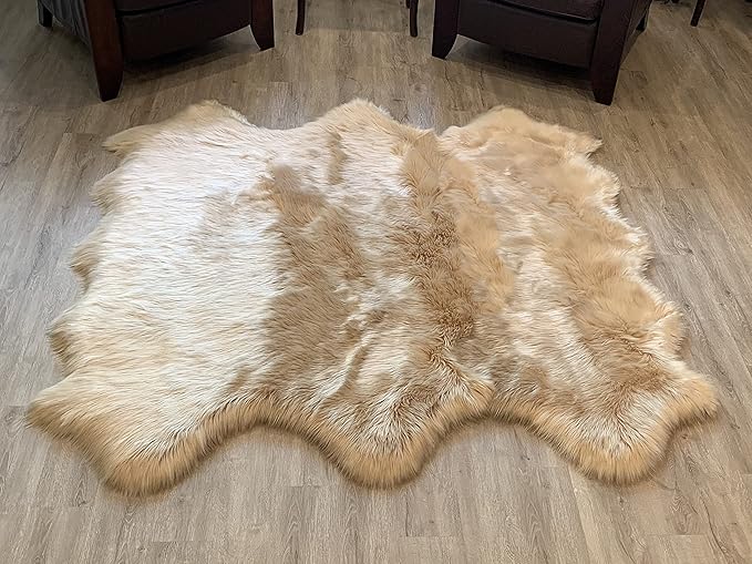 LAMBZY Faux Sheepskin Super Soft Hypoallergenic Silky Shag Rug for Living Room, Kids Room, Sofa (Sexto 6 Pelts 6'x6', Beige)