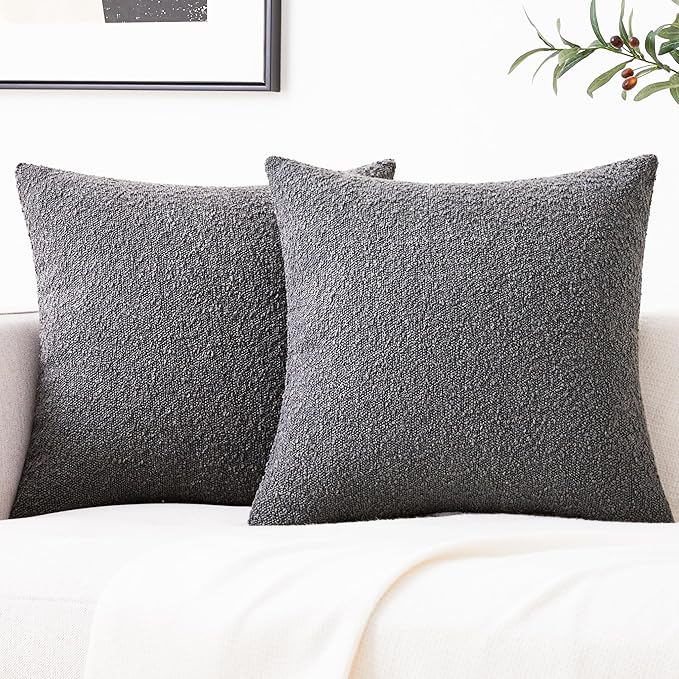 Mixhug Decorative Boucle Throw Pillow Covers, Dark Gray, 18 x 18 Inches, Pack of 2 - Textured Boho Pillow Covers for Couch and Bed