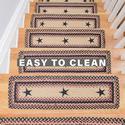 Homespice Primitive Star Gloucester Jute Braided Staircase Step Treads, Warm Primitive Decor, Set of 13, Black and Red 8x28 Oval Rug for Stairs - Easy to Clean, Tightly Stitched and Durable