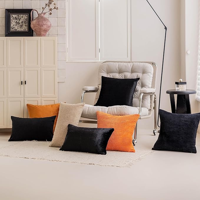 Home Brilliant Rectangle Throw Pillow Covers Fall Decor Super Soft Striped Corduroy Solid Cushion Covers Oblong Throw Pillowcases for Lumbar, 12 x 20 inch, Black