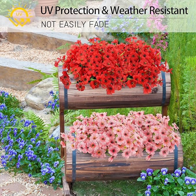 MACTING Artificial Flowers for Outdoors Fake Spring Flowers UV Resistant No Fade Faux Plastic Flowers for Hanging Planters Window Patio Porch Yard Garden Home Indoor Outside Summer Decorations(Red)