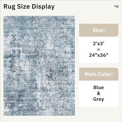 2x3 Abstract Washable Rugs for Kitchen, Floor, Entryway, Powder Room Small Area Rug Non-Slip Vintage Rug Low Pile Throw Door Mat Blue