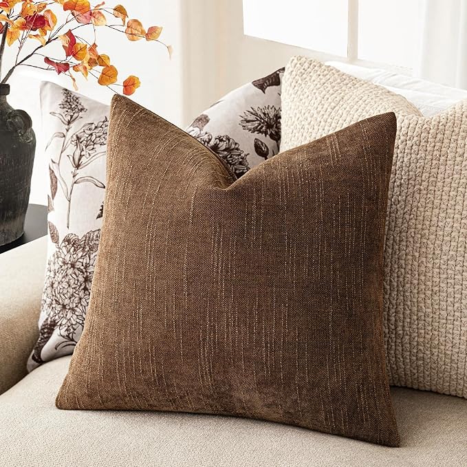 Foindtower Set of 2 Soft Textured Chenille Throw Decorative Pillow Covers Square Accent Solid Cushion Cover Cozy Neutral Farmhouse Pillow Case for Couch Sofa Bedroom Living Room 24x24 Inch,Dark Bronze