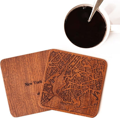New York Map Coaster by O3 Design Studio, Set Of 4, Sapele Wooden Coaster With City Map, Handmade