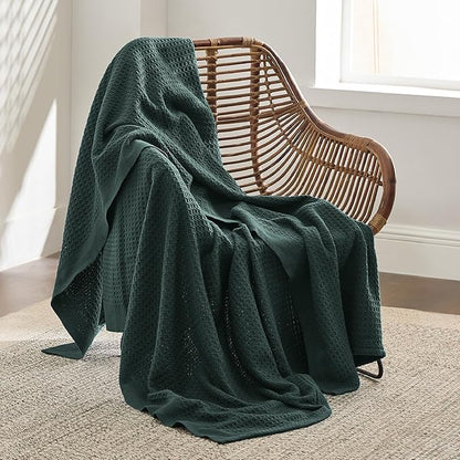 Bedsure Gentlesoft 100% Cotton Large Throw Blanket for Couch 50x70 inches - Breathable and Soft, Waffle Weave Throw Blanket for Office, Dark Green