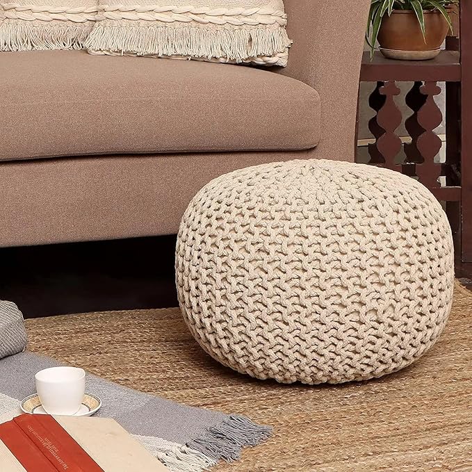 REDEARTH · Round Pouf Ottoman - Hand Knitted Cable Boho Poof Home Décor Pouffe Circular Footrest for Living Room - Nursery - Bedroom - Lounge 100% Cotton (19.5"x19.5"x14") - Ivory, Set of 2
