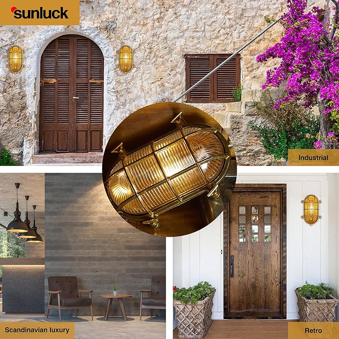 Sunluck Brass Bulkhead Light,Grid Oval Nautical Wall Sconces,Lampshade,Ceiling Mount Lighting,Brass Sauna Light Waterproof IP54,Rust Resistant,for Decoration Cafe,Bar,Porches,Patios,Restaurants