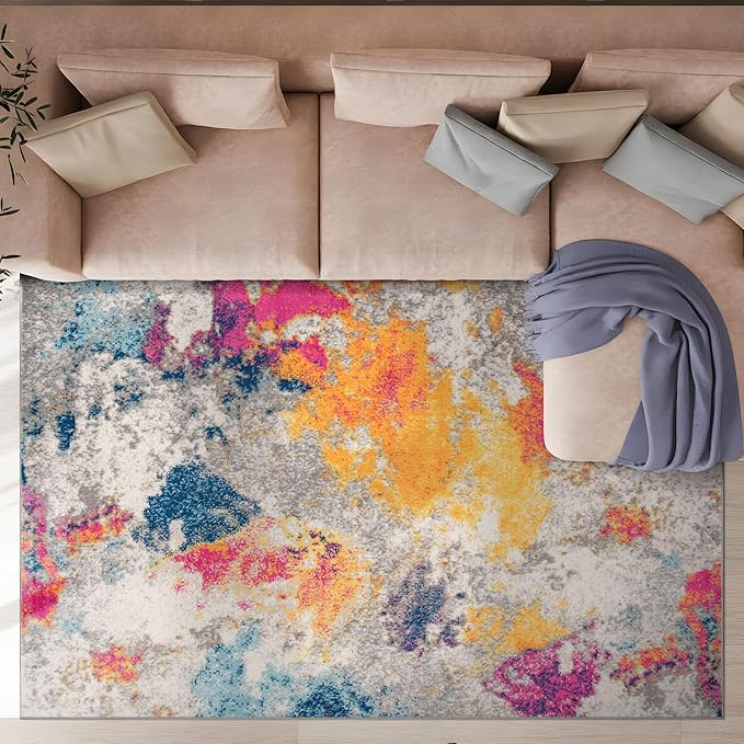 Rugshop Distressed Abstract Watercolor Large Area Rug, Non-Shedding Multicolor Carpet for Living Room Master Bedroom or Lounge, 9' x 12'