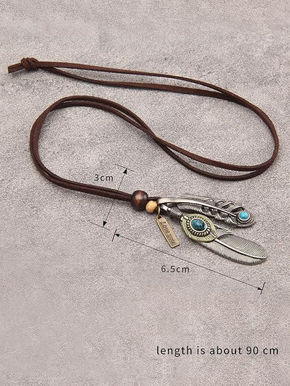 Leather Necklace for Women Boho Choker Necklace Long Cord Leather Pendant Bohemian Neckalce Vintage Alloy Pendant Leather Rope Necklace Wooden Necklaces for Women