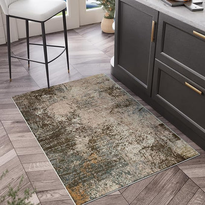 Small Rug with Abstract Pattern for Entryway Short Pile with Non-Slip Backing Throw Rugs, Foldable Kitchen Bathroom Rugs 2x3 FT Brown