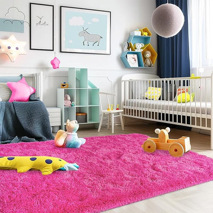 Small Rugs for Bedroom, Fuzzy Throw Rug for Living Room Dorm, Soft Fluffy Bedroom Rug, Non Slip Shag Rugs, Modern Indoor Home Decor Aesthetic, 2x3 Feet, Hot Pink