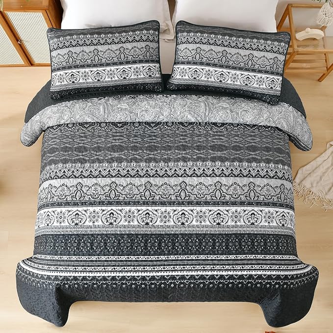 WONGS BEDDING Boho King Quilt Set, Black Bohemian Quilt Bedding Set, Lightweight Bed Decor Bedspread for All Season Reversible Microfiber Coverlet Bedding Set 110"x90"(3 Pieces)