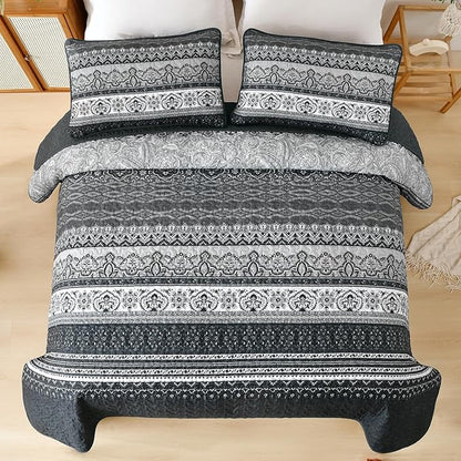 WONGS BEDDING Boho King Quilt Set, Black Bohemian Quilt Bedding Set, Lightweight Bed Decor Bedspread for All Season Reversible Microfiber Coverlet Bedding Set 110"x90"(3 Pieces)