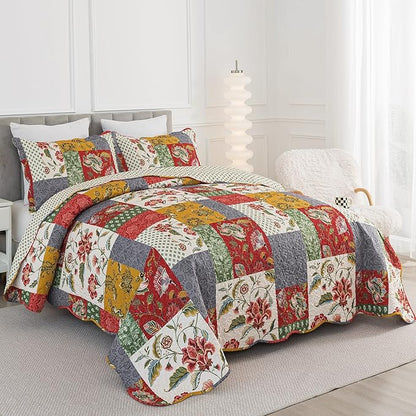 HoneiLife Queen Quilt Bedding Sets - Floral Quilt Bedding Sets 3-Piece 90x96, Microfiber Reversible Bedspreads Patchwork Coverlet Nostalgic Bedding Set All Season Quilts