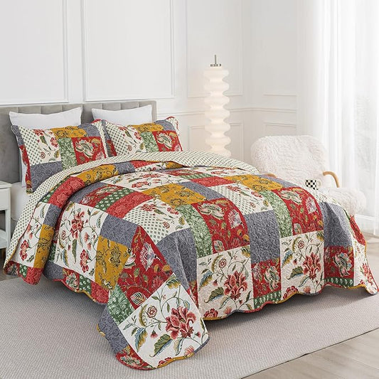 HoneiLife Queen Quilt Bedding Sets - Floral Quilt Bedding Sets 3-Piece 90x96, Microfiber Reversible Bedspreads Patchwork Coverlet Nostalgic Bedding Set All Season Quilts