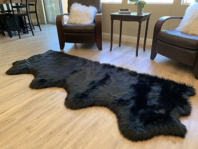 LAMBZY Faux Sheepskin Super Soft Hypoallergenic Silky Shag Rug for Living Room, Kids Room, Sofa (Quarto 4 Pelts Side by Side 3'x8', Black)