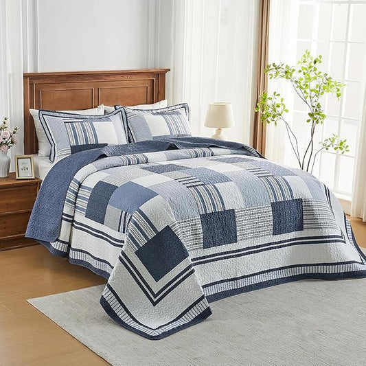 100% Cotton 128"x120" Oversized Quilt Bedspread, Plaid Patchwork California King Extra Large Quilt Bedding Set, Reversible Cal King XL Bed Spread Lightweight Comforter, Blue, 3Pcs