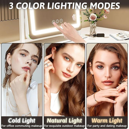 FENNIO Vanity Mirror with Lights 22 Inch- LED Lighted Makeup Mirror,Large Makeup Mirror with Lights,Touch Screen with 3-Color Lighting,Led Mirror Makeup,Dimmable(White)