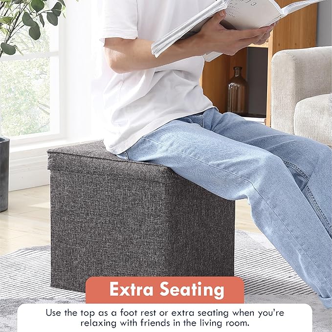 Ornavo Home Square Storage Ottoman Linen Foldable Tufted Cube Storage Ottoman Foot Rest Stool/Seat with Table Top Lid, Coffee Table Ottoman - 15" x 15" x 15" (Charcoal Gray)