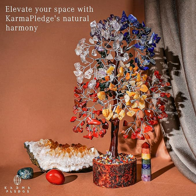 KARMAPLEDGE 7 Chakra Healing Crystal Tree of Life with Manifestation Card, Handmade Silver Wire Crystal Tree for Good Luck, Positive Energy, Wealth, Reiki Healing, and Decor, Gift for Women and Mom
