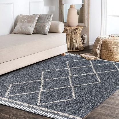 JONATHAN Y Mercer Shag Plush Tassel Denim Blue/Cream Indoor Area Rug, 4x6, Moroccan Geometric Trellis, Bohemian, Easy-Cleaning for Living Room, Bedroom, Kitchen, Non-Shedding (MCR103A-4)