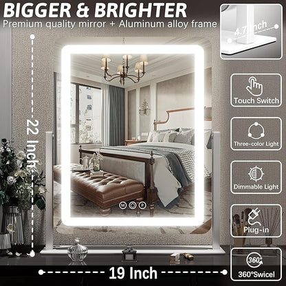FENNIO Vanity Mirror with Lights 22 Inch- LED Lighted Makeup Mirror,Large Makeup Mirror with Lights,Touch Screen with 3-Color Lighting,Led Mirror Makeup,Dimmable(White)
