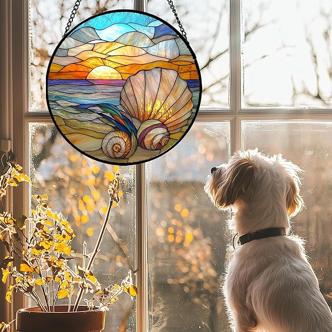 Stained Glass Window Hanging - Colorful Beach Shells Conch Sun Catcher for Door Home Decor Ocean Suncatcher Christmas Mother's Day Birthday Sea Lover Gifts for Women Men Mom Nana 15 in