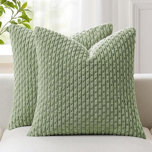 Kevin Textile 2 Packs Spring Decorative Throw Pillow Covers 18x18 Inch for Living Room Couch Bed Spring Sofa Soft Striped Corduroy Square Cushion Case 45x45 cm Farmhouse Boho Home Decor Sage Green