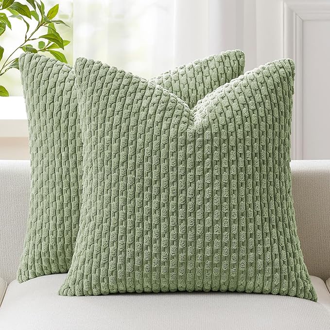 Kevin Textile 2 Packs Spring Decorative Throw Pillow Covers 20x20 Inch for Living Room Couch Bed Sofa Soft Striped Corduroy Square Cushion Case 50x50 cm Farmhouse Boho Home Decor Sage Green