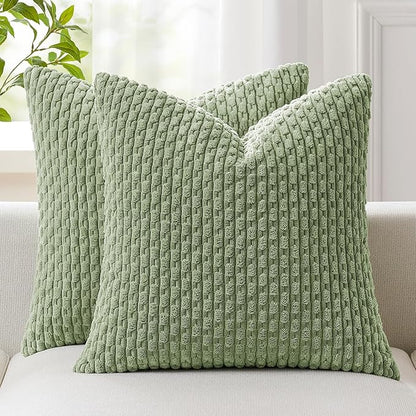 Kevin Textile 2 Packs Spring Decorative Throw Pillow Covers 20x20 Inch for Living Room Couch Bed Sofa Soft Striped Corduroy Square Cushion Case 50x50 cm Farmhouse Boho Home Decor Sage Green