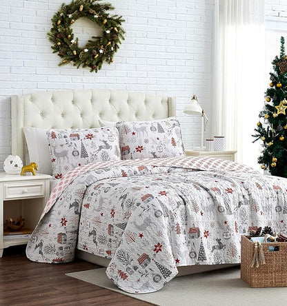 Southshore Fine Living, Inc. Holly Jolly Christmas Quilt Comforter, Holiday Bedding Set 2-Piece Oversized Christmas Bedding Quilt Set with Quilted Shams, Twin/Twin XL