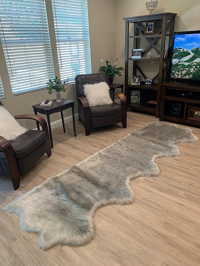 LAMBZY Faux Sheepskin Super Soft Hypoallergenic Silky Shag Rug for Living Room, Kids Room, Sofa (5 Pelts Side by Side 3'x10', Grey)