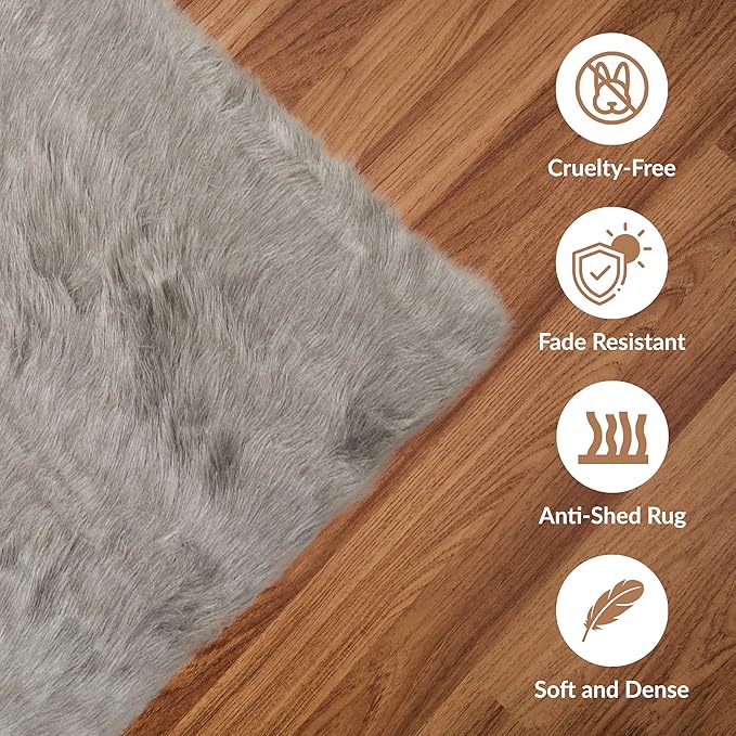Luxe Gordon Faux Fur Rug with Soft and Fluffy Pile | Machine Washable Living Room Rug with Anti-Slip Backing | Cruelty-Free Area Rugs for Office or Bedroom, Grey, 5 ft x 6 ft