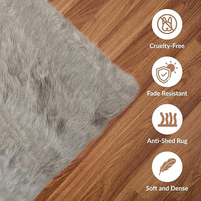 Luxe Gordon Faux Fur Rug with Soft and Fluffy Pile | Machine Washable Living Room Rug with Anti-Slip Backing | Cruelty-Free Area Rugs for Office or Bedroom, Grey, 5 ft x 6 ft