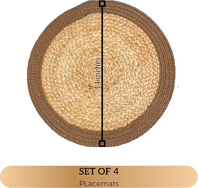 Chardin home Round Verona Woven Jute & Cotton Braided PLACEMAT (Set of 4), Size -14 inch, Round, Color - Natural Jute with Brown Border
